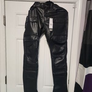 Black Faux Leather Cargo Pants